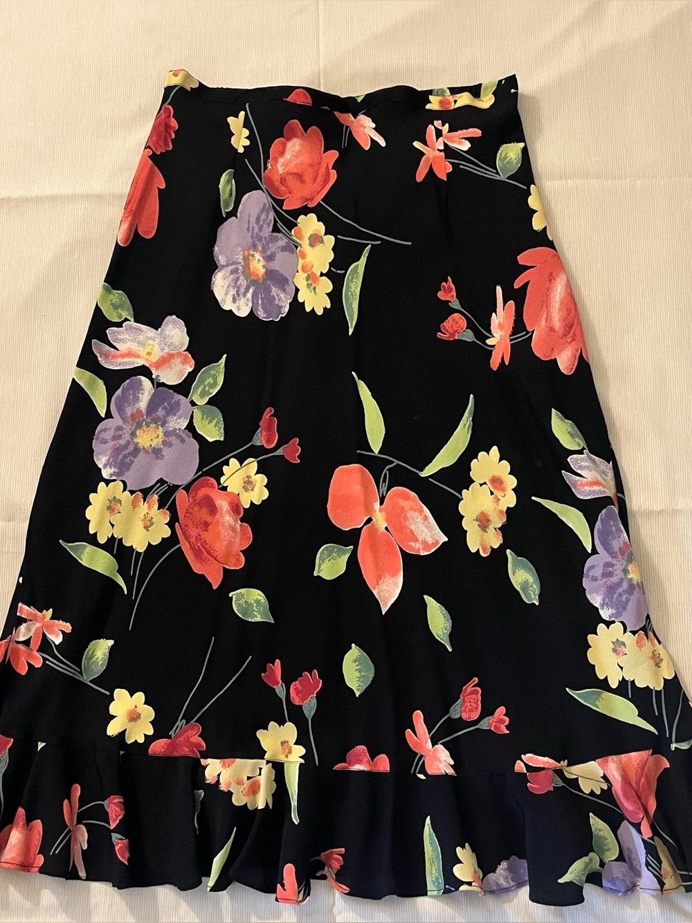Floral A-Line Black Skirt with Coral and Purple Blooms Flared Ruffle Whimsical